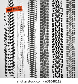 Tire tracks vector illustration. Grunge automotive background element useful for poster, print, flyer, book, booklet, brochure and leaflet design. Editable graphic image isolated on light background.