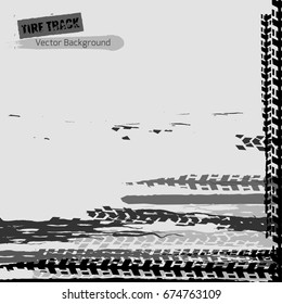Tire tracks vector illustration. Grunge automotive background useful for poster, print, flyer, book, booklet, brochure and leaflet design. Editable graphic image in monochrome white and grey colors.