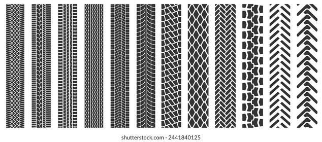 Huellas de neumáticos. Vector conjunto de la huella de la banda de rodadura aislado sobre fondo blanco. Huella de neumáticos de automóviles de carretera y camiones todoterreno. Vista superior de las marcas del protector de goma. Colección de pinceles vectoriales sin costuras.