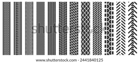 Tire tracks. Vector set of tire tread print isolated on white background. Footprint of road car tires and all-terrain trucks. Top view of rubber protector marks. Collection of seamless vector brushes.