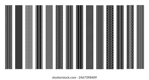 Pistas de los neumáticos, marcas de frenado de las ruedas. Siluetas de patrón de banda de rodadura de camión, coche o motocicleta. Auto carrera, automovilismo, velocidad de carreras elemento de diseño. Ilustración vectorial