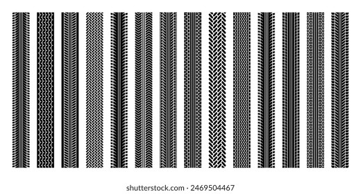 Reifen-Tracks, Radbremsmarkierungen. Laufflächenmuster für LKW, PKW oder Motorrad Silhouetten. Auto-Rennen, Motorsport, Speed-Racing-Design-Element. Vektorillustration