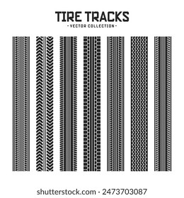 Tire tracks, wheel braking marks. Truck, car or motorcycle tread pattern silhouettes. Auto race, motorsport, speed racing design element. Vector illustration