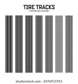 Tire tracks, wheel braking marks. Truck, car or motorcycle tread pattern silhouettes. Auto race, motorsport, speed racing design element. Vector illustration