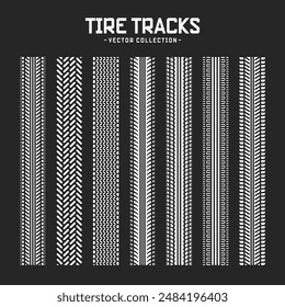 Tire tracks, wheel braking marks. Truck, car or motorcycle tread pattern silhouettes. Auto race, motorsport, speed racing design element. Vector illustration