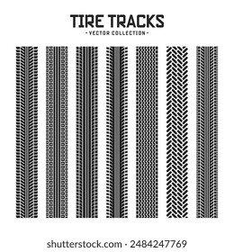 Tire tracks, wheel braking marks. Truck, car or motorcycle tread pattern silhouettes. Auto race, motorsport, speed racing design element. Vector illustration