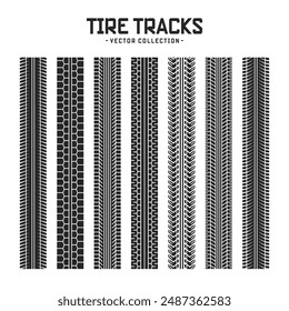 Tire tracks, wheel braking marks. Truck, car or motorcycle tread pattern silhouettes. Auto race, motorsport, speed racing design element. Vector illustration