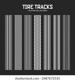 Tire tracks, wheel braking marks. Truck, car or motorcycle tread pattern silhouettes. Auto race, motorsport, speed racing design element. Vector illustration