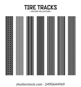 Tire tracks, wheel braking marks. Truck, car or motorcycle tread pattern silhouettes. Auto race, motorsport, speed racing design element. Vector illustration