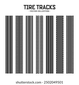 Tire tracks, wheel braking marks. Truck, car or motorcycle tread pattern silhouettes. Auto race, motorsport, speed racing design element. Vector illustration