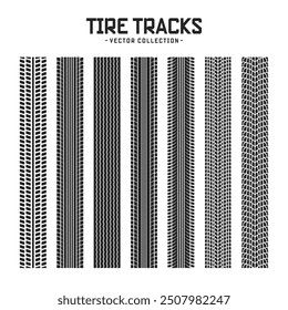 Tire tracks, wheel braking marks. Truck, car or motorcycle tread pattern silhouettes. Auto race, motorsport, speed racing design element. Vector illustration