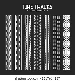 Tire tracks, wheel braking marks. Truck, car or motorcycle tread pattern silhouettes. Auto race, motorsport, speed racing design element. Vector illustration