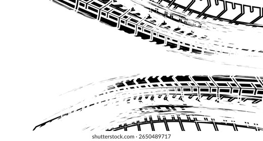 Tire tracks, wheel textures, tire tracks - auto racing, motocross, drift, rally, off-road and more. Isolated black texture vector in grunge style
