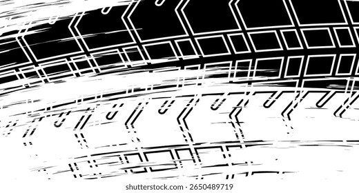 Tire tracks, wheel textures, tire tracks - auto racing, motocross, drift, rally, off-road and more. Isolated black texture vector in grunge style