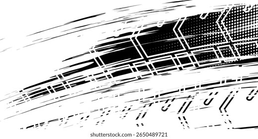 Tire tracks, wheel textures, tire tracks - auto racing, motocross, drift, rally, off-road and more. Isolated black texture vector in grunge style
