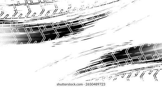 Tire tracks, wheel textures, tire tracks - auto racing, motocross, drift, rally, off-road and more. Isolated black texture vector in grunge style