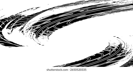 Tire tracks, wheel textures, tire tracks - auto racing, motocross, drift, rally, off-road and more. Isolated black texture vector in grunge style