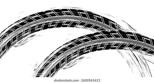 Tire tracks, wheel textures, tire tracks - auto racing, motocross, drift, rally, off-road and more. Black texture vector