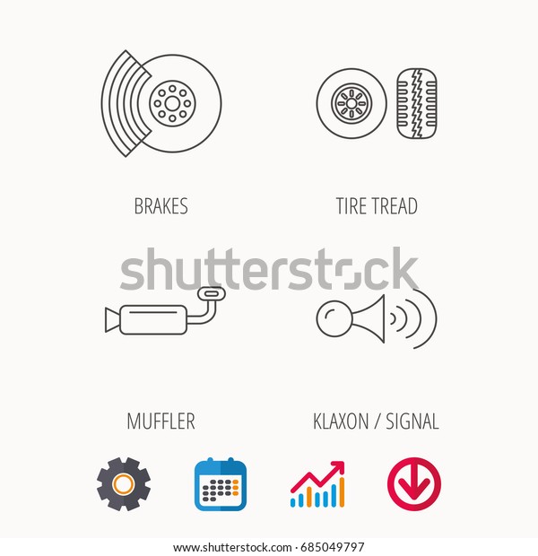Tire tread, brakes and steering\
wheel icons. Muffler, klaxon signal linear signs. Calendar, Graph\
chart and Cogwheel signs. Download colored web icon.\
Vector