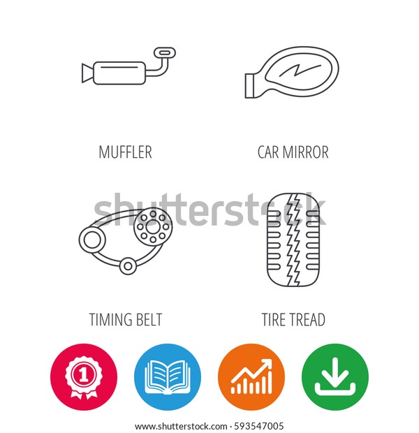Tire tread, car mirror and timing belt icons.\
Muffler linear sign. Award medal, growth chart and opened book web\
icons. Download arrow.\
Vector