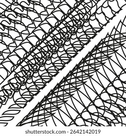 Tire tread design. Vehicle trail pattern. Curved rubber mark. Vector track texture.