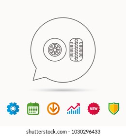 Tire tread icon. Car wheel sign. Calendar, Graph chart and Cogwheel signs. Download and Shield web icons. Vector