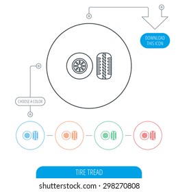 Tire tread icon. Car wheel sign. Line circle buttons. Download arrow symbol. Vector