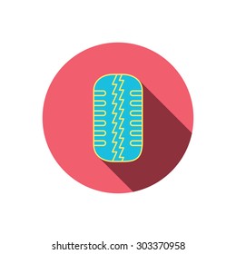 Tire tread icon. Car wheel sign. Red flat circle button. Linear icon with shadow. Vector