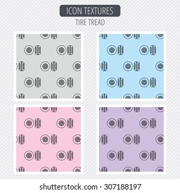Tire tread icon. Car wheel sign. Diagonal lines texture. Seamless patterns set. Vector