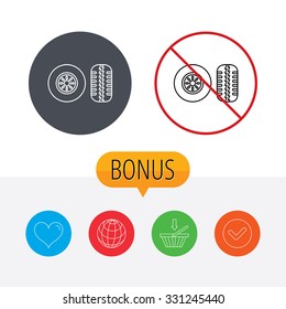 Tire Tread Icon. Car Wheel Sign. Shopping Cart, Globe, Heart And Check Bonus Buttons. Ban Or Stop Prohibition Symbol.