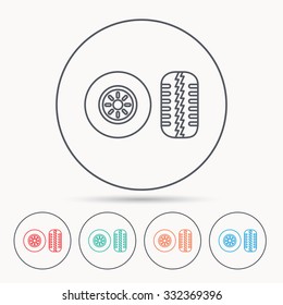 Tire tread icon. Car wheel sign. Linear circle icons.