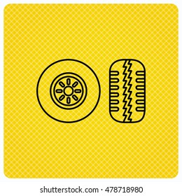 Tire tread icon. Car wheel sign. Linear icon on orange background. Vector