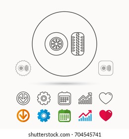 Tire Tread Icon. Car Wheel Sign. Calendar, Graph Chart And Cogwheel Signs. Download And Heart Love Linear Web Icons. Vector
