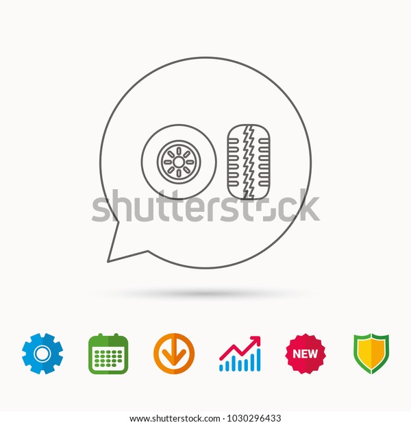 Tire tread
icon. Car wheel sign. Calendar, Graph chart and Cogwheel signs.
Download and Shield web icons.
Vector