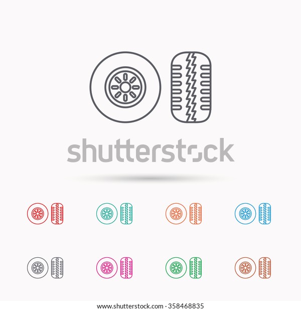 Tire tread icon. Car wheel sign. Linear icons\
on white background.
