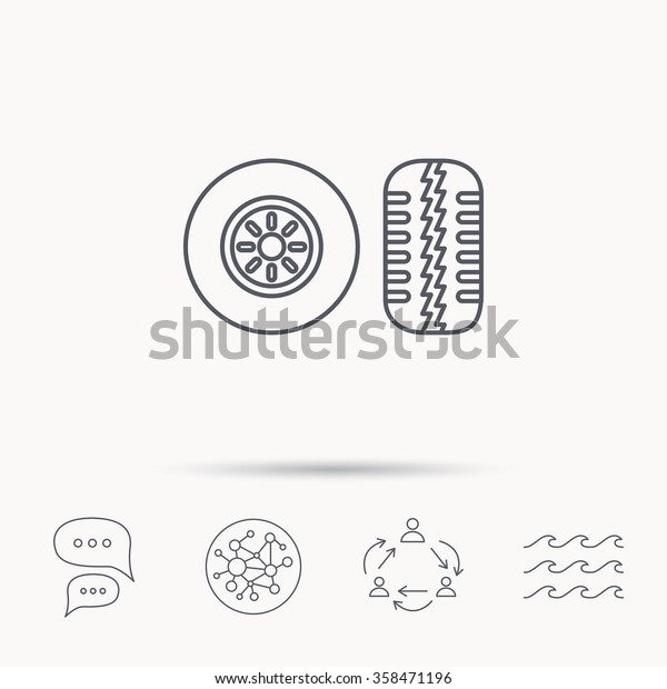 Tire tread icon. Car\
wheel sign. Global connect network, ocean wave and chat dialog\
icons. Teamwork symbol.