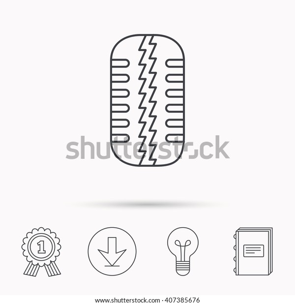 Tire tread icon. Car wheel sign.\
Download arrow, lamp, learn book and award medal\
icons.