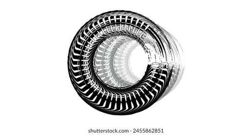 Marcas de la banda de rodadura del neumático, textura aislada de la rueda, marcas de neumáticos - deriva, rally, carreras, fuera de carretera, motocross. Vector textura aislada con efecto grunge, salpicaduras. Impresiones de banda de rodadura negra monocroma