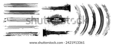 Tire tread marks, isolated wheel texture, tire marks - drift, rally, races, off-road, motocross. Vector isolated texture with grunge effect, splashes. Black monochrome tread prints. Vector graphic set