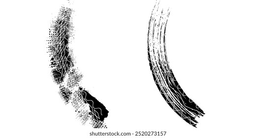 Tire tread marks, wheel texture, tire marks - auto racing, motocross, drift, rally, off-road and more. Isolated black texture vector in grunge style with modern splashes.