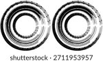Tire tread marks wheel textures tire marks - car racing motocross drift rally off-road and others. Vector black isolated texture in grunge style with splashes.