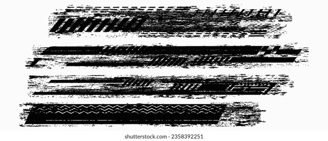 Marcas de banda de rodadura de neumáticos, texturas de rueda, marcas de neumático - carreras de coches, motocross, deriva, rally, off-road y otros. Vector de textura aislada de color negro en forma de grunge con salpicaduras. Monocromo blanco y negro