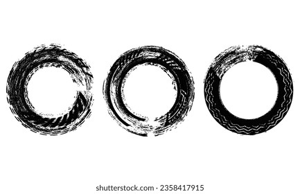 Tire tread marks, wheel textures, tire marks - car racing, motocross, drift, rally, off-road and others. Vector black isolated texture in grunge style with splashes. Black and white monochrome set