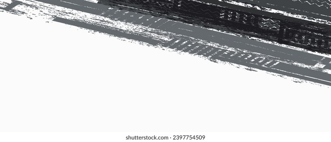 Tire tread marks, wheel textures, tire marks - car racing, motocross, drift, rally, off-road and others. Vector black isolated texture in grunge style with splashes. Black and white monochrome se