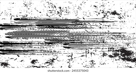 Marcas de la banda de rodadura de neumáticos, texturas de las ruedas, marcas de neumáticos - carreras de coches, motocross, deriva, rally, fuera de carretera y otros. Vector negro textura aislada en estilo grunge con salpicaduras