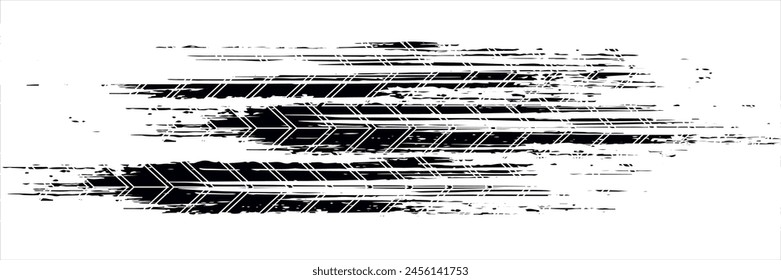 Tire tread marks, wheel textures, tire marks - car racing, motocross, drift, rally, off-road and others. Vector black isolated texture in grunge style with splashes.eps10