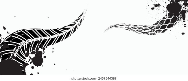 Tire tread marks, wheel textures, tire marks - car racing, motocross, drift, rally, off-road and others. Vector black isolated texture in grunge style with splashes. Black and white monochrome se