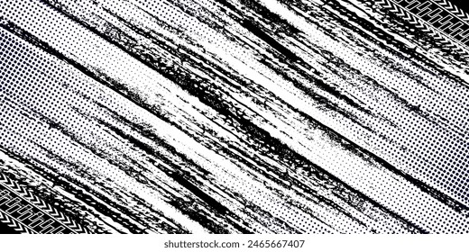 Tire tread marks, wheel textures, tire marks - car racing, motocross, drift, rally, off-road and others. Vector black isolated texture in grunge style