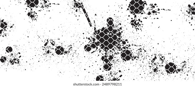 Tire tread marks, wheel textures, tire marks - car racing, motocross, drift, rally, off-road and others. Vector black isolated texture in grunge style with splashes. Black and white monochrome se