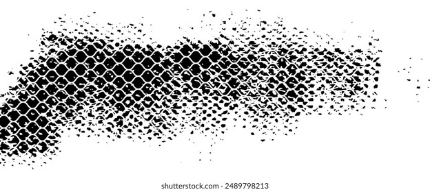 Tire tread marks, wheel textures, tire marks - car racing, motocross, drift, rally, off-road and others. Vector black isolated texture in grunge style with splashes. Black and white monochrome se